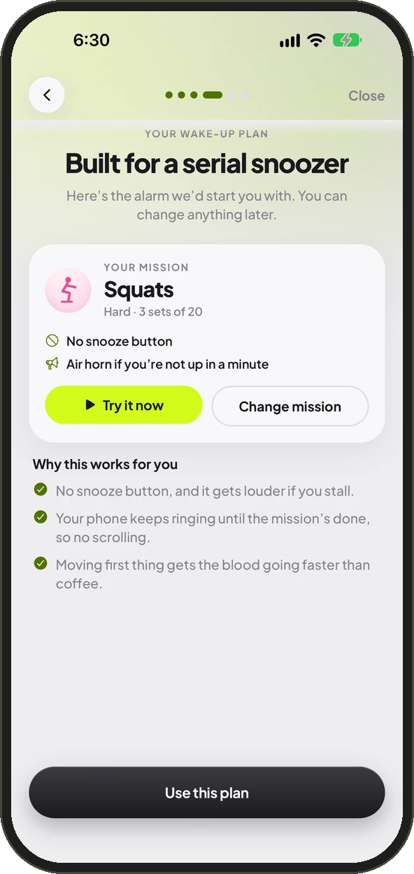 A wake-up plan built for a serial snoozer: squats, no snooze, air horn