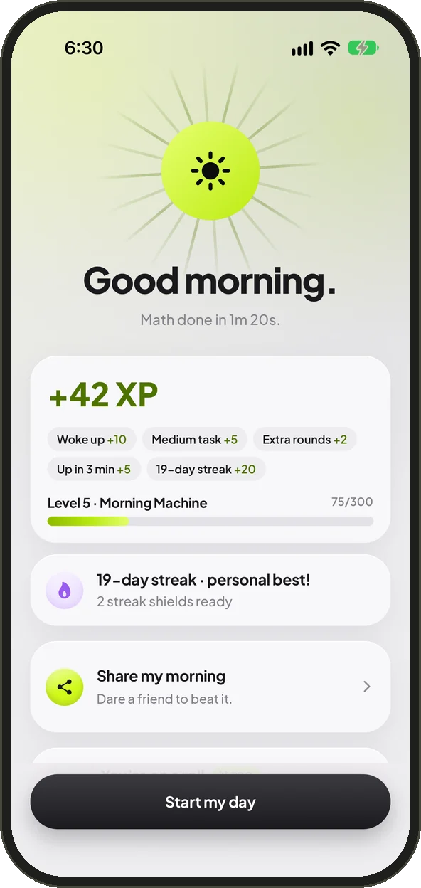 Good morning screen with +42 XP and a 19-day streak